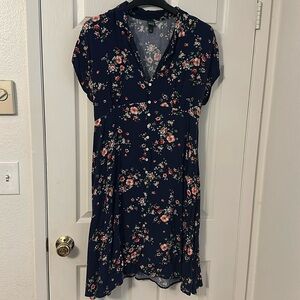 Floral Navy Blue Knee Length Dress with Buttons and Tie Plus Size